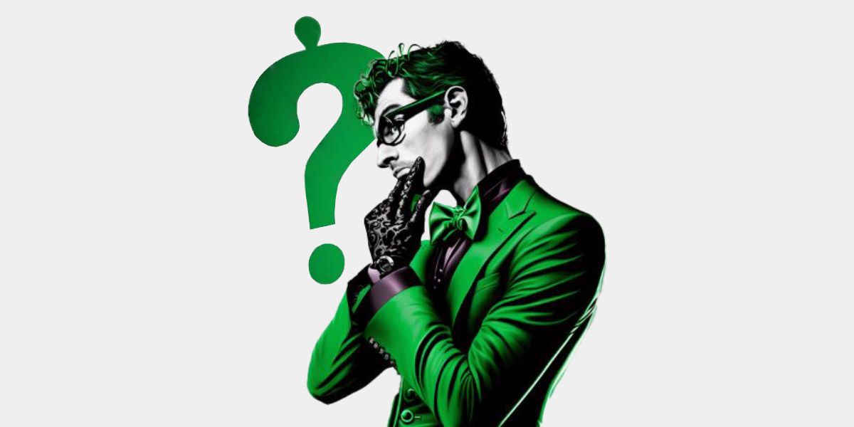 Devious man dress in a green suit in front of a question mark.
