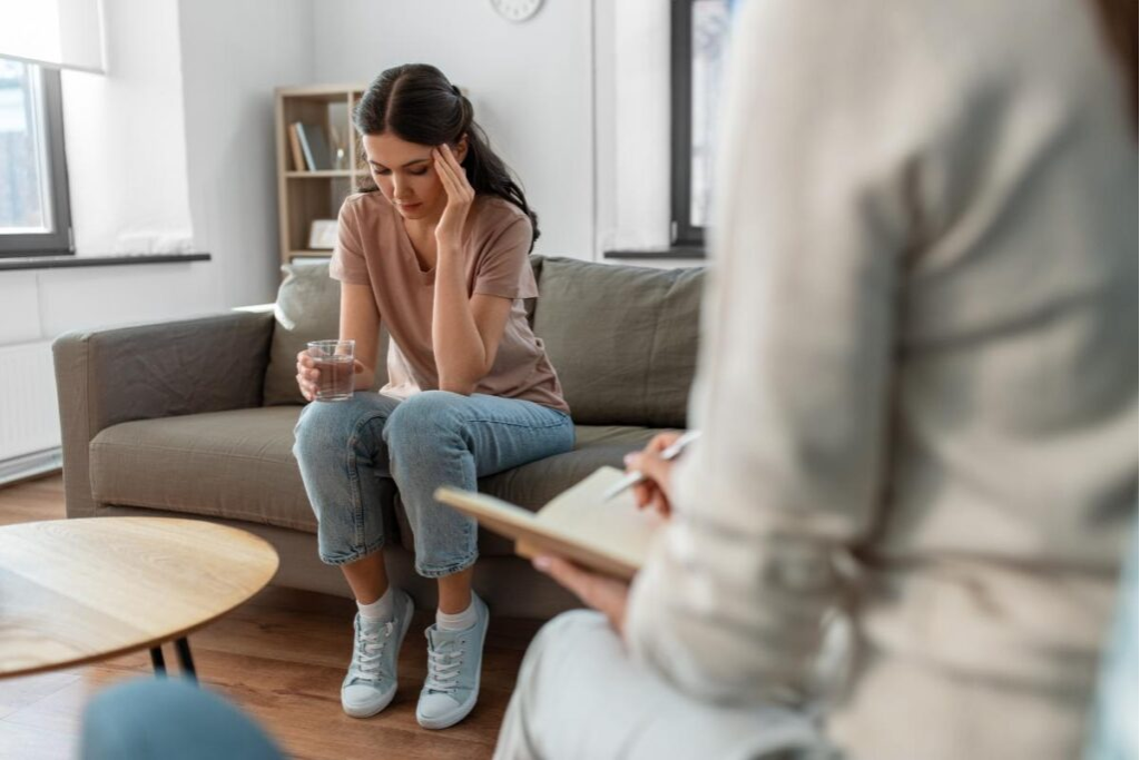 Woman receiving counseling during her recovery at a prescription drug rehab in Thousand Oaks, CA.