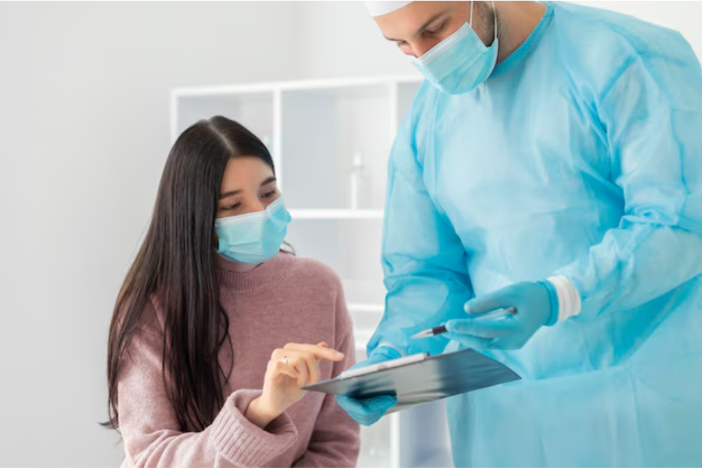 A healthcare professional in a protective gown and mask discusses PHP treatment options with a patient. Thousand Oaks PHP treatment for personalized care.